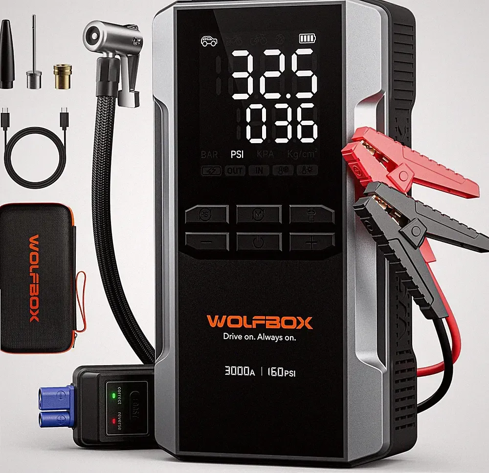 WOLFBOX 3000A Jump Starter with Air Compressor 59.2Wh 160PSI 12V 65W LED