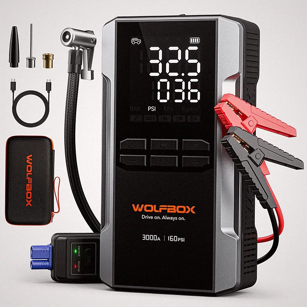 WOLFBOX 3000A Jump Starter with Air Compressor, 59.2Wh&160PSI Portable Car Ba...