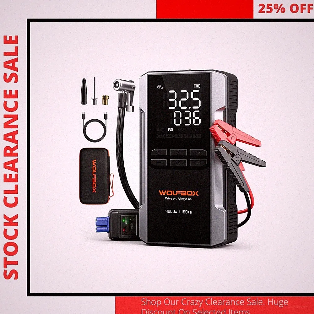 WOLFBOX 4000A Jump Starter with 160PSI Air Compressor