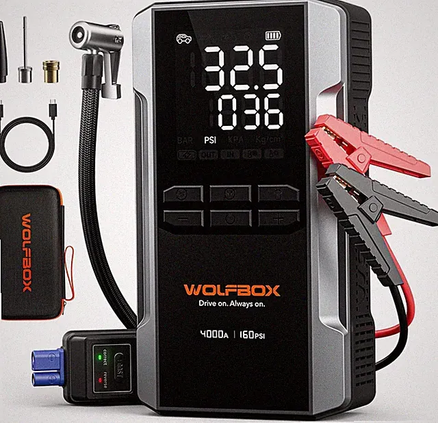 WOLFBOX Jump Starter 4000A, Air Compressor, Fast Charge, LED Display, Cables